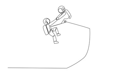 Poster - Animation of continuous line drawing young astronaut helps colleague climbs big shield. Teamwork keeps colleagues safe from evil astronaut. Helping each other. Full length motion