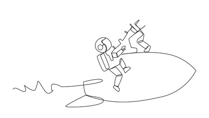 Poster - Self drawing animation of single line drawing astronaut helps colleague climb flying rocket. Metaphor help in managing company branches. Skyrocketed like the previous business. Full length animated