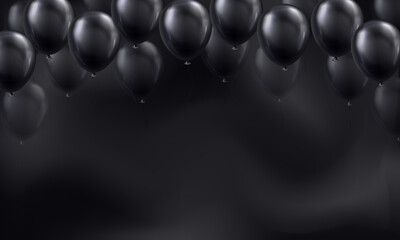 Wall Mural - Template of background with 3d black realistic balloons and empty space for greeting text or invitation. Festive wallpaper or banner with glossy helium balloons for Birthday party, celebration theme