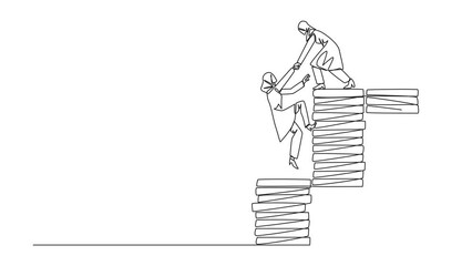 Poster - Animation of continuous line drawing Arab businesswoman helps colleague climb pile of coins. Metaphor help achieve financial targets before entering retirement. Teamwork. Full length motion