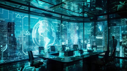 Poster - Futuristic boardroom with holographic displays showcasing global data and digital interfaces. The future of business meetings.