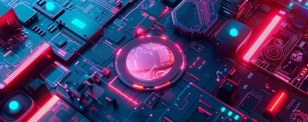 Poster - Futuristic circuit board with neon lights and intricate components, representing advanced technology and innovation in electronics.