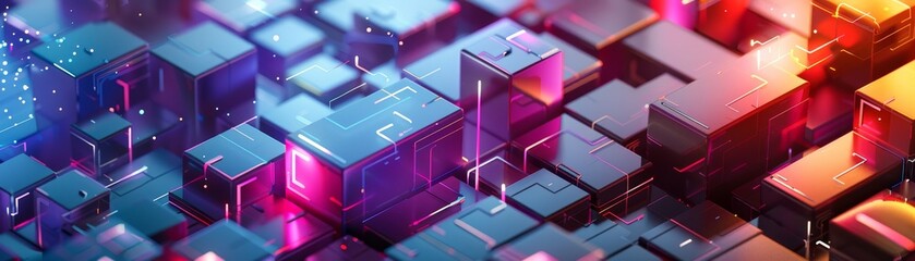 Poster - Futuristic digital blocks in vibrant colors creating a high-tech abstract background, perfect for technology and innovation themes.
