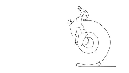 Poster - Self drawing animation of single line drawing Arabian businesswoman helps colleague climb arrow board target. Metaphors help focus on completing tasks one at time. Together. Full length animated