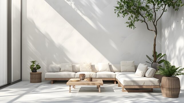 Exterior minimal modern, super realistic rendering of white walls and light wood outdoor furniture with beige cushions and coffee table.