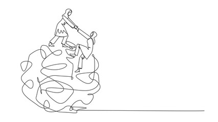 Poster - Animation of one line drawing Arab businesswoman helps colleague climb heavy messy circle. Teamwork eliminates anxiety. Eliminate stress. Single line self drawing animated. Full length motion