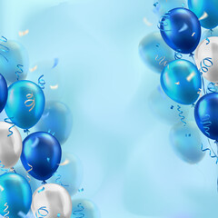 Wall Mural - Wallpaper with 3d realistic blue and white glossy balloons and confetti decoration with blank space for greeting text. Banner design for birthday, celebration party, sale, opening event, invitation