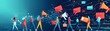 © Rattanathip - Illustration of diverse people with banners and megaphones, depicting social media influence and digital communication in the modern age.