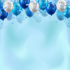 Wall Mural - Template of 3d realistic glossy balloons with confetti ribbons on blurred blue background and copy space for invitation or greeting text. Party banner for birthday party, sale, opening event, holidays