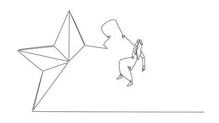 Poster - Self drawing animation of single line drawing Arab businessman helps colleague climb big star. Metaphor of achieving dreams of success. Good career concept continuous line draw. Full length animated