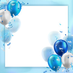 Wall Mural - Template of background with 3d blue and white realistic balloons with confetti ribbons frame and empty space for greeting text or invitation. Cyan wallpaper for celebration, sale, opening, holiday