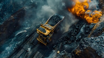 Expansive Aerial View of Dramatic Mining Equipment in Action Amidst Smoke and Flames