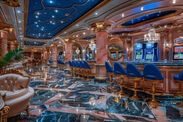 Luxurious casino hall with polished marble flooring, ornate columns, and slot machines