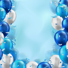 Wall Mural - Template of 3d realistic glossy balloons with confetti ribbons on blurred blue background and copy space for invitation or greeting text. Party banner for birthday party, sale, opening event, holidays