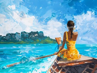 Sticker - A woman sits with her back on a long-tailed boat on the blue sea to the island