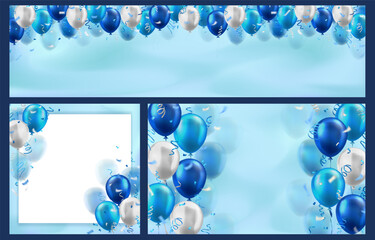 Wall Mural - Collection of backgrounds with 3d blue and white realistic balloons with confetti ribbons frame and empty space for greeting text or invitation. Cyan wallpapers for celebration, sale, opening, holiday