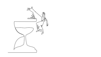 Poster - Animated self drawing of continuous line drawing Arabian businessman help colleague climb hourglass. Have many assignment. Sharing with colleagues will become easier. Full length single line animation