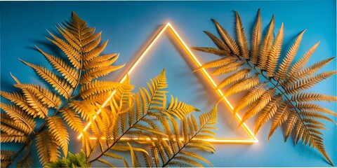 Wall Mural - Neon orange lighting and fern leaves on a blue background, color lighting triangle minimalism, beautiful background, and wallpaper