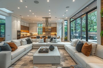 A contemporary home interior with an open-floor plan, incorporating a modern kitchen and cozy living room area with large windows and stylish furnishing