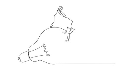 Poster - Animated self drawing of continuous line drawing businesswoman helps colleague climb the big lightbulb. Metaphors related to ideas. The best brilliant ideas. Full length single line animation