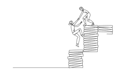 Poster - Animation of continuous line drawing businesswoman helps colleague climb pile of coins. Metaphors help achieve financial target before entering retirement. Teamwork. Full length motion