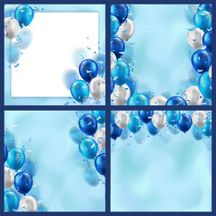 Wall Mural - Set of square blue wallpapers with lots of 3d realistic glossy balloons and confetti on blurred background with blank space for greeting text. Banners for birthday, celebration party, sale, holidays