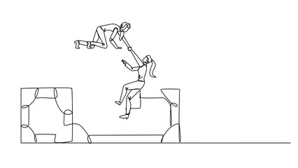 Poster - Self drawing animation of single line drawing businesswoman helps colleague climb a large treasure chest. Getting extraordinary profits. Share equally. Stronger together. Reward. Full length animated