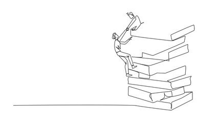 Poster - Animated self drawing of single continuous line drawing businessman helps colleague climb large pile of banknotes. Contagious. Share tips for success. Cohesiveness. Full length single line animation