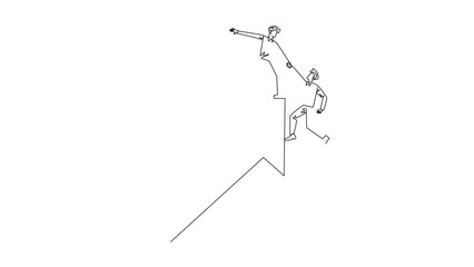 Poster - Animation of single continuous line drawing businessman helps colleague climb rising arrow symbol. Compact team work. Positive effect on the company. Complete work correctly. Full length motion
