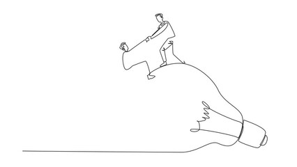 Poster - animated self drawing of continuous line drawing businessman helps colleague climb big lightbulb. me