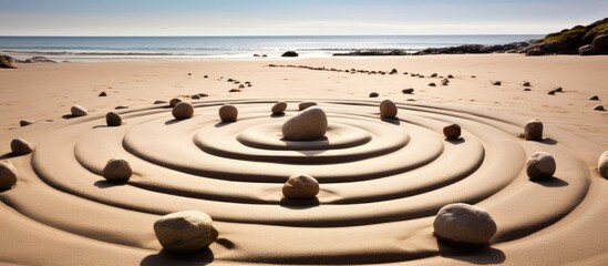 Poster - circles of stones lined on the seashore. Creative banner. Copyspace image