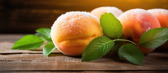 Fresh ripe donut peaches with leaves on wooden table closeup. Creative banner. Copyspace image