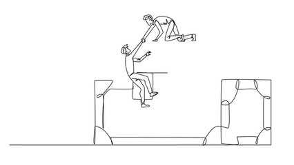 Poster - Animation of continuous one line drawing businessman helps colleague climb a large treasure chest. Get extraordinary profits. Share equally. Stronger together. Reward. Full length motion