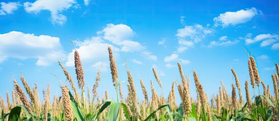 Poster - Sorghum or Millet field agent blue sky background. Creative banner. Copyspace image