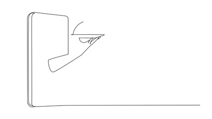 Poster - Animation of one line drawing hand comes out from the middle of the smartphone holding food tray. The analogy of ordering food for dinner. Online food shopping. Full length motion