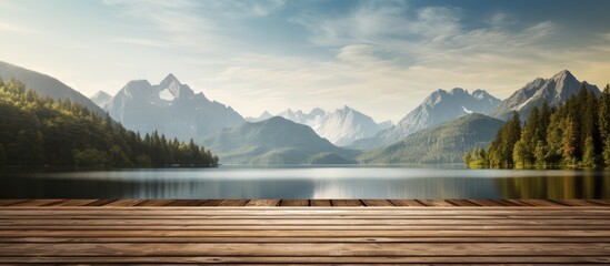 Canvas Print - wood plank platform with lake and mountains background. Creative banner. Copyspace image