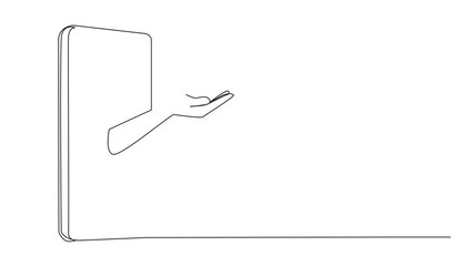 Aufkleber - Animated self drawing of continuous line drawing hand comes out from middle of smartphone holds molars. Online dentist application. Consultation from smartphone. Full length single line animation