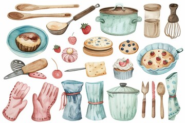 Canvas Print - Baking Delights: A digital sticker set featuring watercolor illustrations of baking utensils, cakes, cookies, mixing bowls