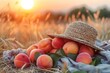 © Design Depot - A tranquil scene with ripe peaches beside a wicker hat in a golden wheat field during sunset