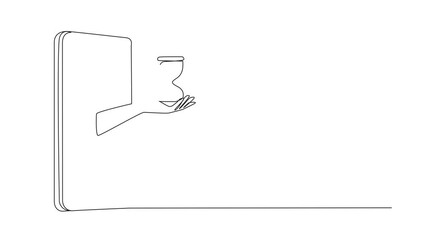 Poster - Self drawing animation of continuous line drawing hand comes out from the middle of the smartphone holding banknotes. Choose necessities online. Cash on delivery. Online stuff. Full length animated