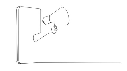 Poster - Self drawing animation of single continuous line drawing hand comes out from middle of smartphone holding megaphone. Discount information distributed through online application. Full length animated