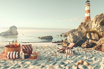 Sticker - Beach Picnic with Lighthouse: A picturesque beach with a picnic setup