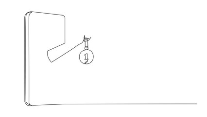 Poster - Self drawing animation of single line drawing the hand comes out from the middle of the smartphone holding the medal. Rewards from sellers for loyal customers. Online shop. Full length animated