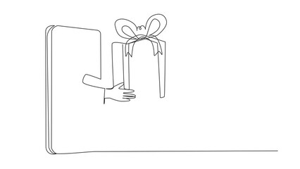 Poster - Animation of continuous line drawing hand comes out from middle of the smartphone holding package box. Safe packaging ensure purchases arrive safely. Online stuff. Full length motion