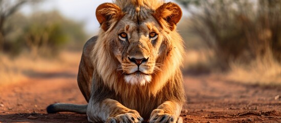 Poster - young male lion in the road Kruger national park. Creative banner. Copyspace image