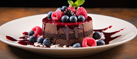 Poster - Chocolate pannacotta with raspberries and blueberries. Creative banner. Copyspace image