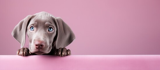Poster - Cute Weimaraner puppy on a pink background. Creative banner. Copyspace image