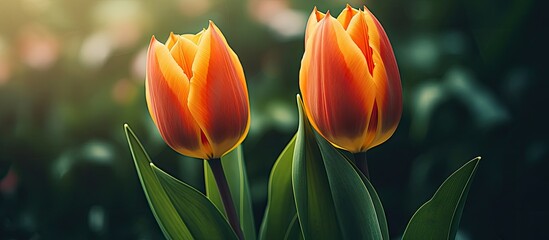 two bright yellow orange tulips on a background of dark green grass in focus. Creative banner. Copyspace image