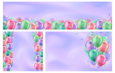 Wall Mural - Set of banner with lots of 3d colorful realistic glossy balloons and confetti on blurred background with blank space for greeting text. Wallpapers for birthday, celebration party, sale, holidays
