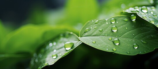 Aufkleber - A drop of dew on the leaves of the plant Rainy weather. Creative banner. Copyspace image